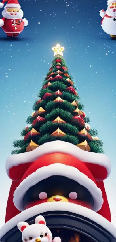 Festive Christmas tree with Santa and snowman under starry sky wallpaper.