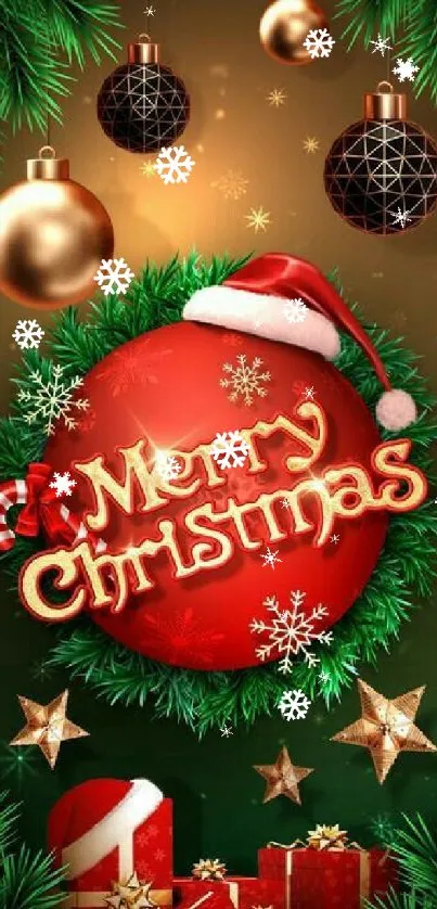 Festive Christmas mobile wallpaper with ornaments and Merry Christmas text.