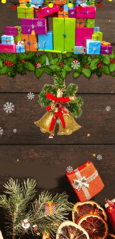 Festive Christmas mobile wallpaper with colorful gifts and decorations.