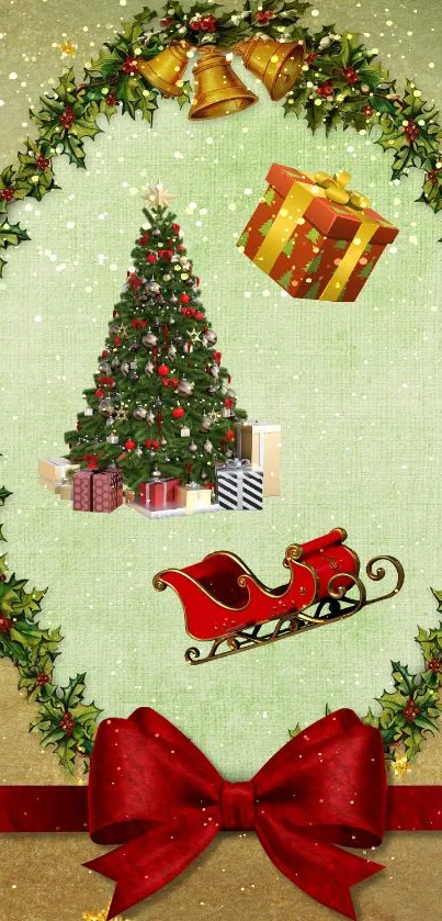 Festive Christmas wallpaper with tree, gifts, sleigh, and red bow.