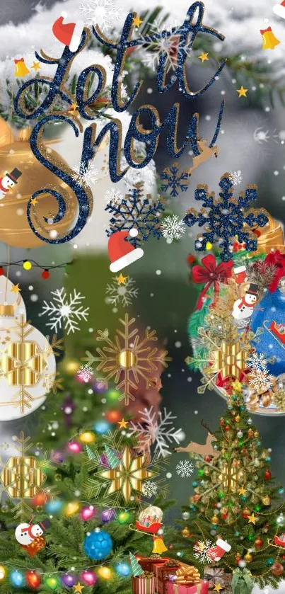 Festive Christmas wallpaper with ornaments and snowflakes.