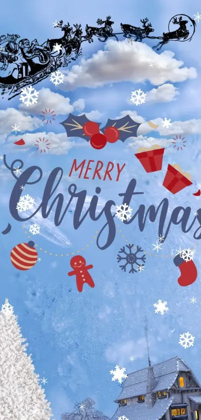 Festive Christmas wallpaper with Santa and snowy scene.