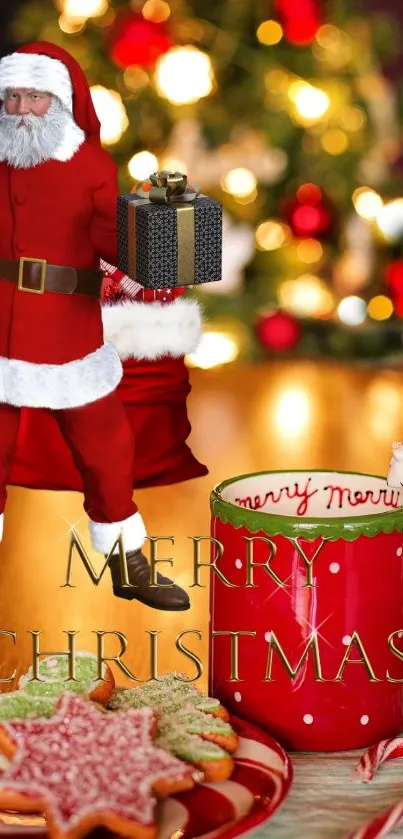 Christmas wallpaper with Santa, cookies, and festive mug with Merry Christmas message.