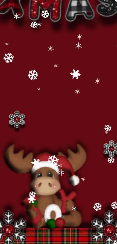 Christmas wallpaper with reindeer and plaid design on red background.