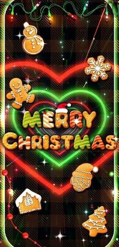 Vibrant Christmas mobile wallpaper with cookies and neon lights.