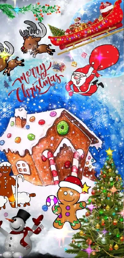 Christmas wallpaper with Santa, reindeer, gingerbread house, and tree.