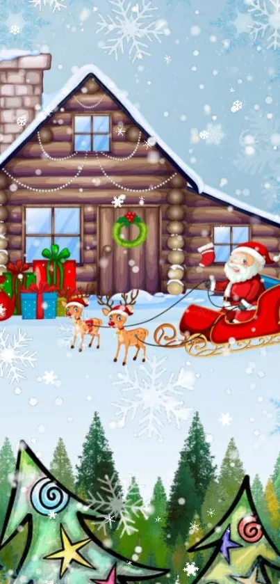 Festive Christmas wallpaper with Santa and cabin.