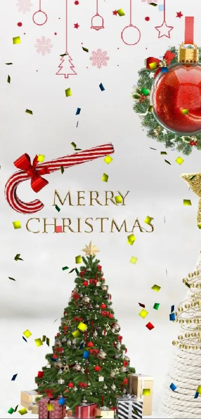 Christmas mobile wallpaper with festive trees and ornaments.