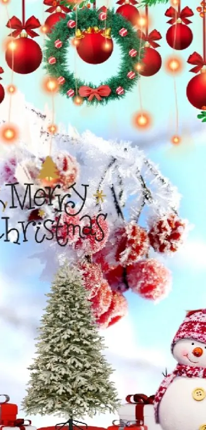 Festive Christmas mobile wallpaper with tree and snowman scene.