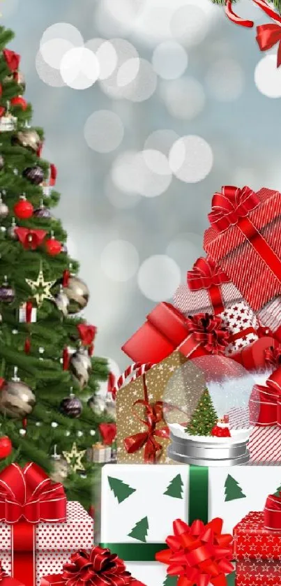 Festive Christmas tree and gifts wallpaper with bokeh effect.