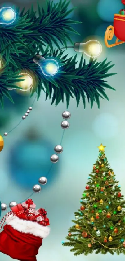 Christmas mobile wallpaper with tree, ornaments, and Santa.