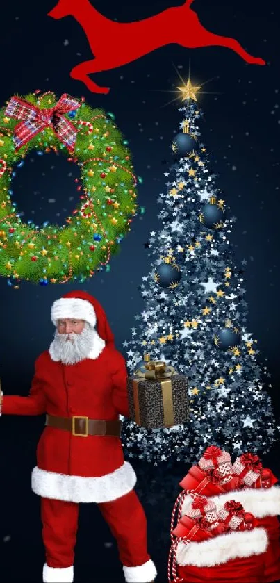 Santa and Christmas tree wallpaper with gifts and wreath.