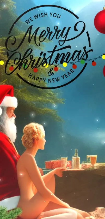 Festive Christmas wallpaper with Santa and holiday decorations.
