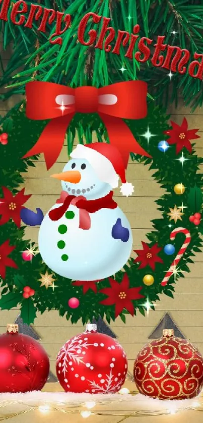 Christmas wallpaper with snowman, wreath, and ornaments.