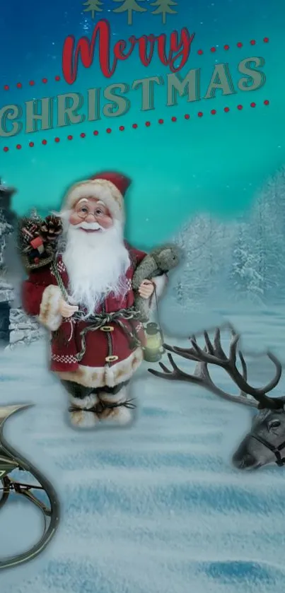 Santa and reindeer in snowy Christmas scene.