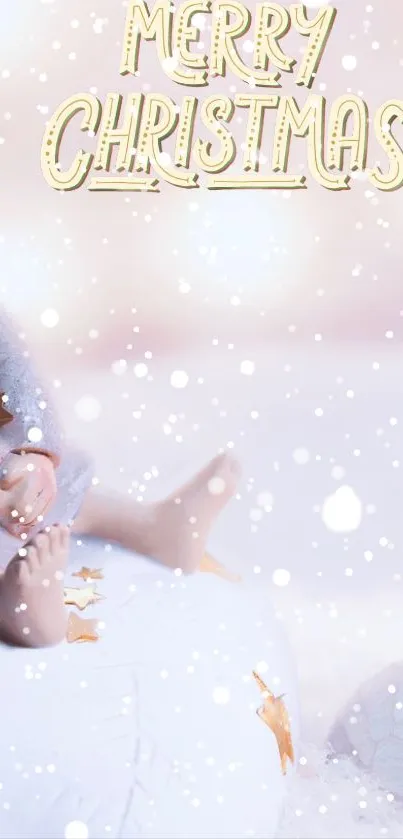 Christmas wallpaper with cute figurine and snowfall.