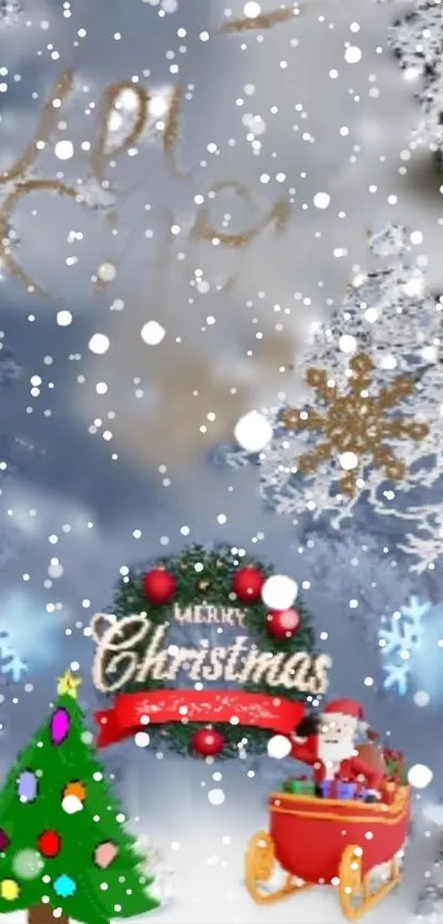 Festive Christmas wallpaper with a tree, Santa, and snowflakes for mobile phones.
