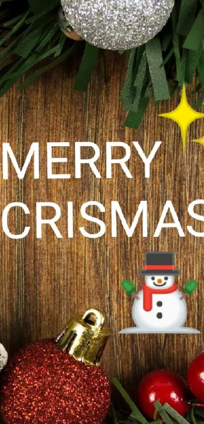 Festive Christmas wallpaper with decorations and a greeting.