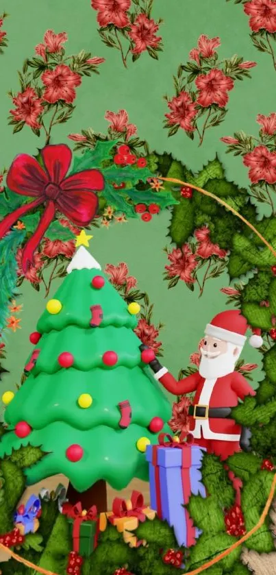 Decorated Christmas tree with Santa and presents on a festive mobile wallpaper.