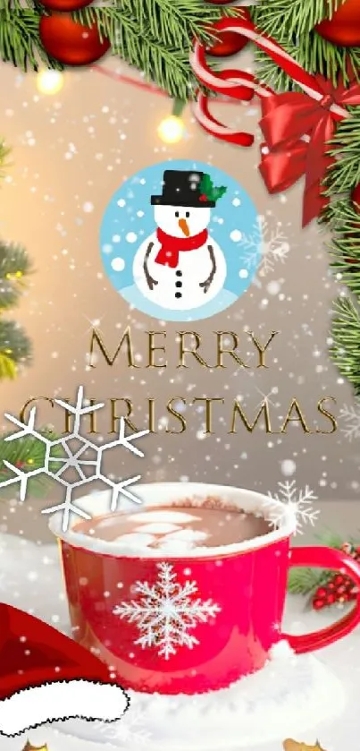 Festive Merry Christmas wallpaper featuring a snowman and red mug.