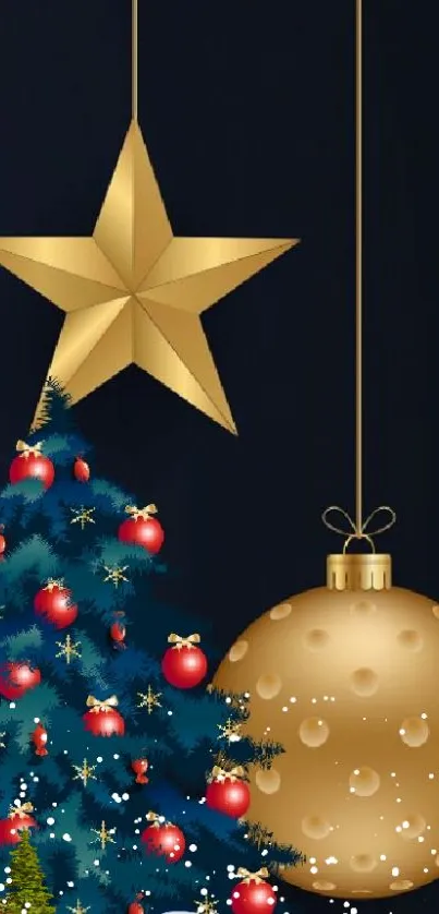 Gold star and ornament with Christmas tree with red baubles and snowflakes.