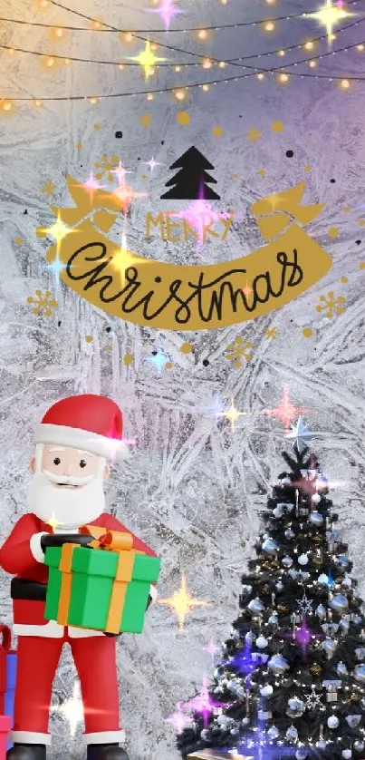 Santa and Christmas tree on frosty background