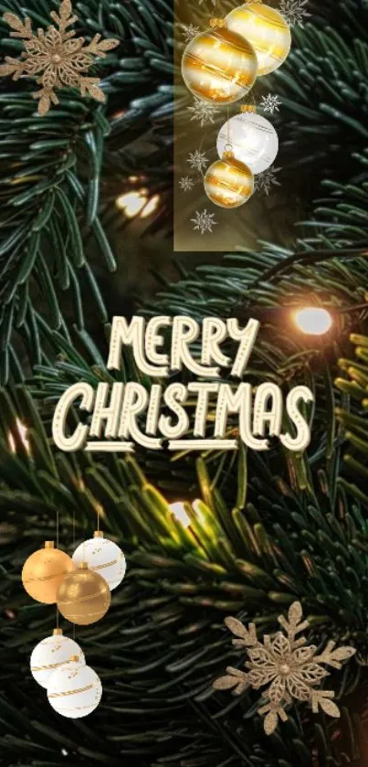 Merry Christmas mobile wallpaper with pine, gold ornaments, and festive lights.