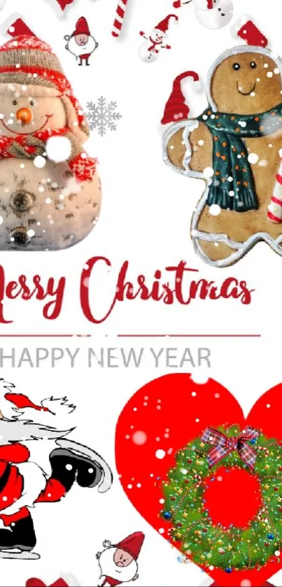 Christmas themed mobile wallpaper with snowmen, gingerbread, Santa, and heart wreath.
