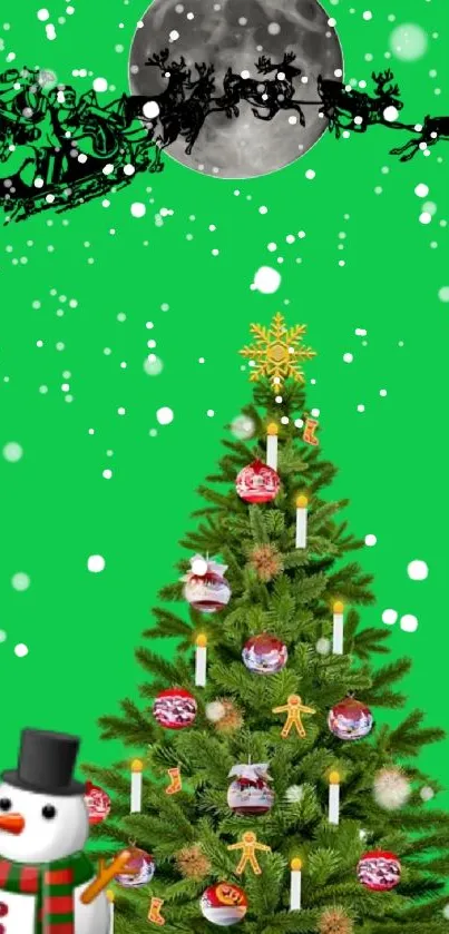 Festive Christmas wallpaper with tree, Santa sleigh, and snowman on green background.