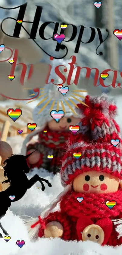 Festive Christmas dolls with heart emojis.