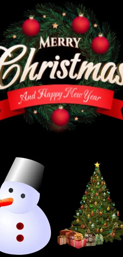 Festive Christmas wallpaper with snowman and tree.