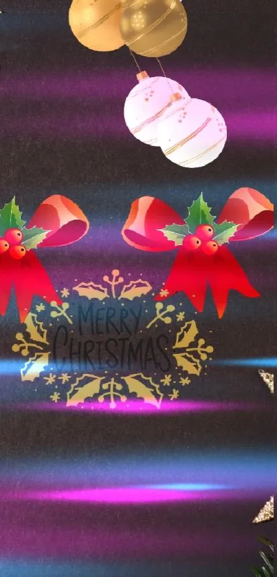 Festive Christmas wallpaper with ornaments and greenery on a black background.