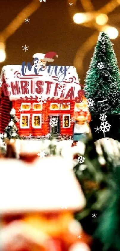 Festive Christmas scene with lights, a red house, and evergreen trees.