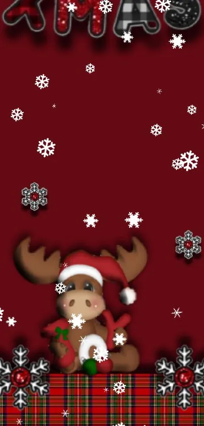 Christmas moose with snowflakes and plaid pattern.