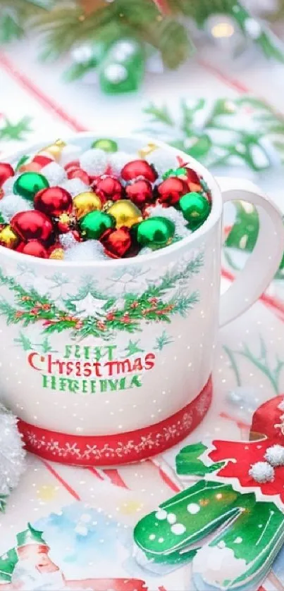 Festive Christmas mug with colorful ornaments and holiday decor.