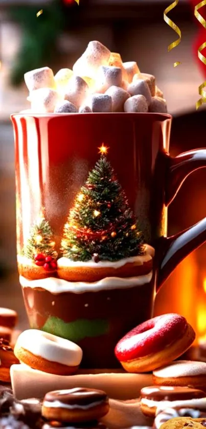 Festive hot chocolate mug with marshmallows and Christmas tree design.