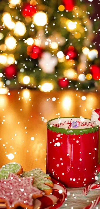 Festive red mug with cookies and Christmas decor in snowfall.