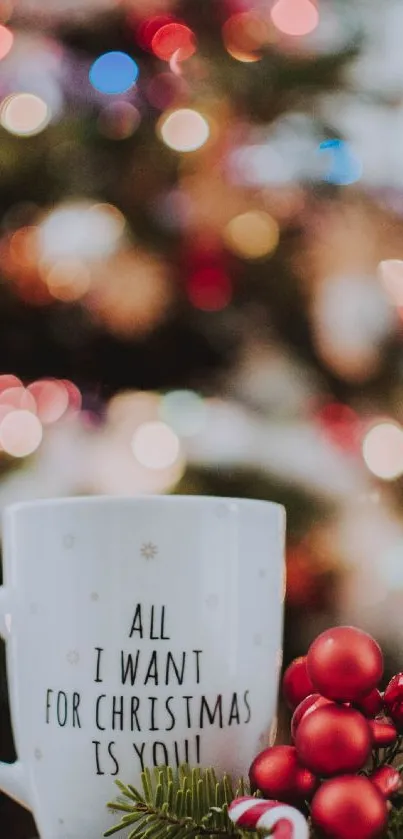 Christmas mug with festive bokeh lights and red ornaments.