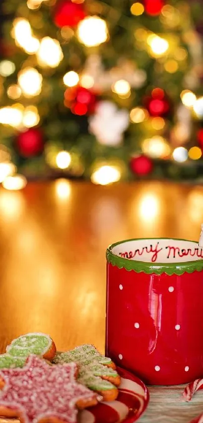 Red Christmas mug with cookies and tree lights background.