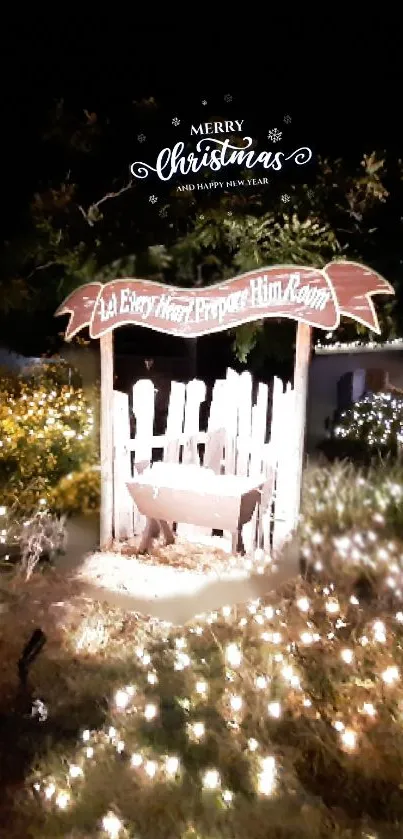 Illuminated Christmas nativity scene under a starry night sky.