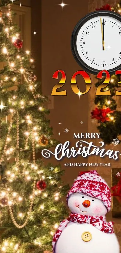 Festive Christmas scene with tree, clock for 2023 countdown, and snowman.