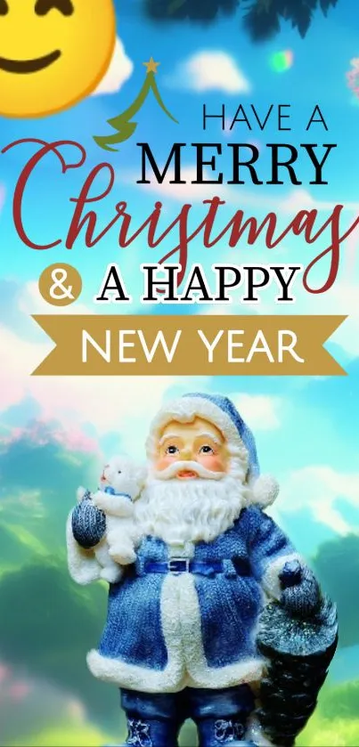 Festive Christmas New Year wallpaper with Santa and vibrant colors.