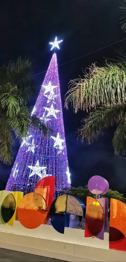 Festive illuminated Christmas tree with decorations at night.