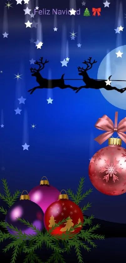 Christmas wallpaper with Santa's sleigh and glowing moon.