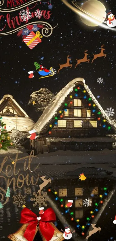 Festive Christmas night scene with decorated cabin and snowfall.