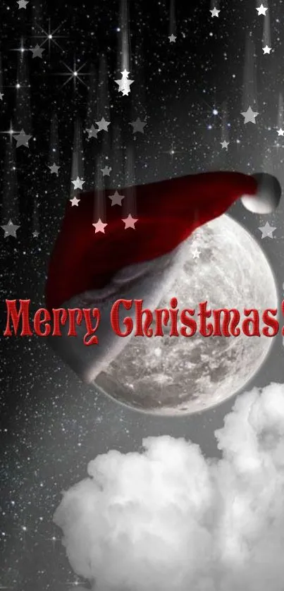 Festive Christmas wallpaper with moon, stars, and Santa hat.