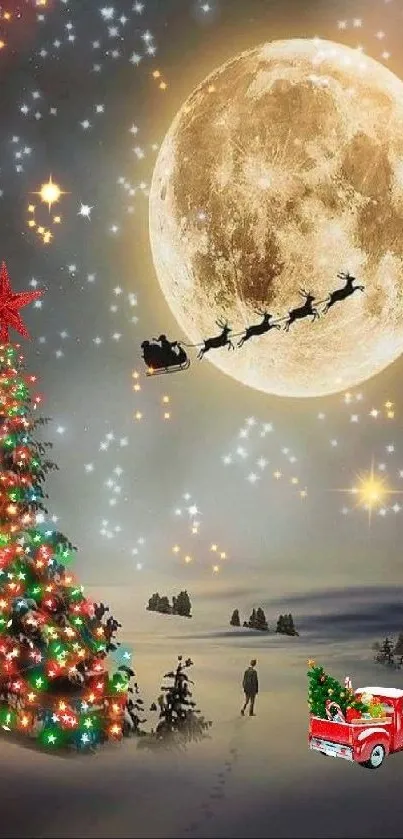 Christmas night scene with Santa, moon, and festive tree.