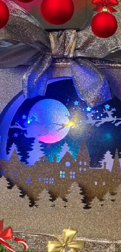Santa flying over village in festive Christmas ornament.