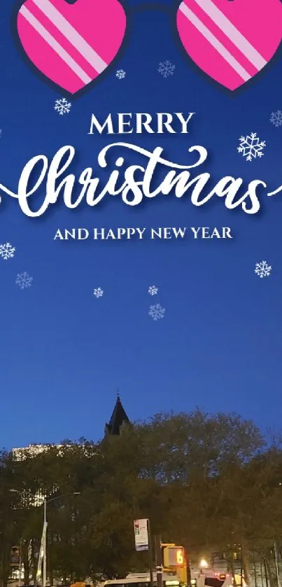 Festive Christmas cityscape wallpaper with greetings.