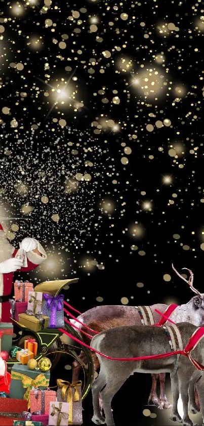 Festive Christmas scene with Santa and reindeer under a starry night sky.